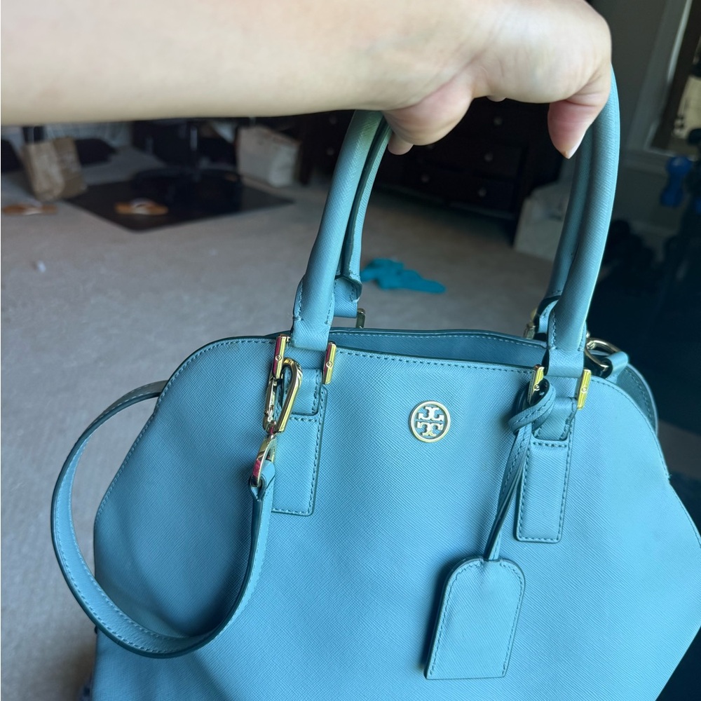 Tory Burch Blue Satchel with Silver Hardware